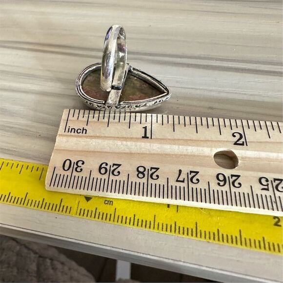 💕 Handmade Unakite Cabochon Silver plated Ring Olive Green Oval adjustable - Picture 3 of 3